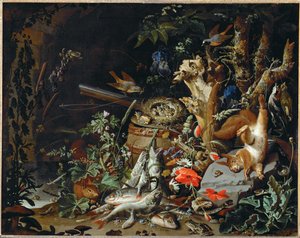 Le nid de pinsons - peixes, répteis e um esquilo morto entre plantas e árvores ... de Abraham Mignon