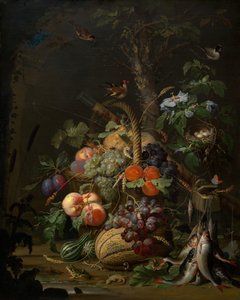 Natureza morta com frutas, peixes e um ninho