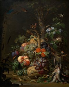 Natureza morta com frutas, peixes e um ninho, c. 1675.