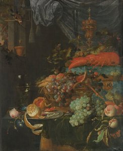 Natureza Morta com Fruta e um Goldfinch de Abraham Mignon