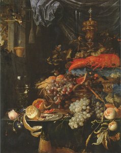 Natureza morta com fruta, uma lagosta e um pintassilgo de Abraham Mignon