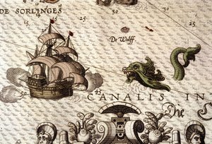 Um monstro marinho a atacar um galeão (caravela). Detalhe de um mapa em "Theatrum Orbis Terrarum" de Abraham Ortelius, Antuérpia 1584. de Abraham Ortelius