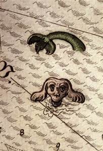 Um monstro marinho tem a cabeça de um cão e um corpo de peixe. Detalhe de um mapa em "Theatrum Orbis Terrarum" de Abraham Ortelius, Antuérpia, 1584. de Abraham Ortelius
