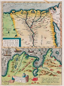 Aegypti Recentior Descriptio. - Carthaginis Celeberrimi Sinus Typus. Mapa geográfico do Egito com as cidades do Nilo e Cartago (Tunísia) do "Theatrum Orbis Terrarum" de Abraham Ortelius (Oertel, Ortell ou Ortel)