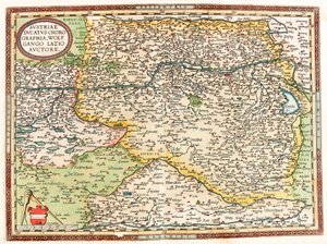 Áustria Ducatus Chorographia Wolfgango Lazio Auctore Mapa geográfico do território da Áustria com o rio Danúbio e a cidade de Viena do "Theatrum Orbis Terrarum" de Abraham Ortelius (Oertel, Ortell ou Ortel de Abraham Ortelius