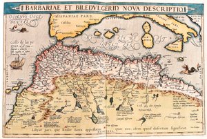 Barbariae e Biledulgerid, Nova Descriptio. Mapa geográfico do norte de África do "Theatrum Orbis Terrarum" de Abraham Ortelius (Oertel, Ortell ou Ortel de Abraham Ortelius