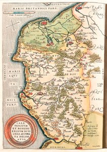 Caletensium et Bononiensium Ditionis Accurata Delineatio Mapa geográfico do território de Boulonnais (Comte de Boulogne), Artois e Flandres Francesa (França) incluindo os lugares de Calais, Arches, Greuelinge, Etaples e Montreuil... retirado de "Theatrum O de Abraham Ortelius