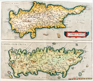 Ilha de Chipre - Candia, olim Creta Mapa geográfico das ilhas mediterrâneas de Chipre e Creta na Grécia do "Theatrum Orbis Terrarum" de Abraham Ortelius (Oertel, Ortell ou Ortel) de Abraham Ortelius
