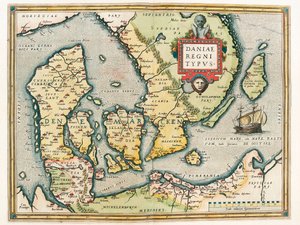 Daniae regni Typus Mapa geográfico do território da Dinamarca e do sul da Suécia do "Theatrum Orbis Terrarum" de Abraham Ortelius (Oertel, Ortell ou Ortel) de Abraham Ortelius
