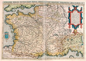 Galliae regni potentiss. nova descriptio. Ioanne Ioliveto auctore Mapa geográfico do território da Gália (França) do "Theatrum Orbis Terrarum" de Abraham Ortelius (Oertel, Ortell ou Ortel) de Abraham Ortelius