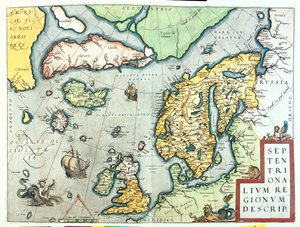 Irlanda, Grã-Bretanha, Islândia, Noruega, Suécia, Finlândia, Gronelândia de Abraham Ortelius