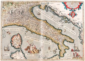 Italiae novissima descriptio auctore Iacobo Castaldo Pedemontano Mapa geográfico do território da Itália retirado do "Theatrum Orbis Terrarum" de Abraham Ortelius (Oertel, Ortell ou Ortel de Abraham Ortelius