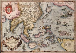 Mapa das Índias Orientais de Ortelius, c.1570 (gravura a cores) de Abraham Ortelius