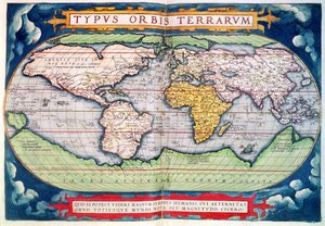 Mapa do mundo: "Typus Orbis Terrarum", do "Americasive New World" de Ortelius