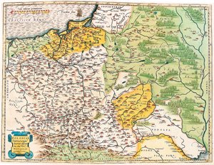 Poloniae finitimarumque locorum descriptio. Mapa geográfico da Polónia do "Theatrum Orbis Terrarum" de Abraham Ortelius (Oertel, Ortell ou Ortel de Abraham Ortelius
