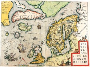 Septentrionalium Regionum Descrip. Mapa geográfico da Escandinávia e do Norte da Europa do "Theatrum Orbis Terrarum" de Abraham Ortelius (Oertel, Ortell ou Ortel de Abraham Ortelius