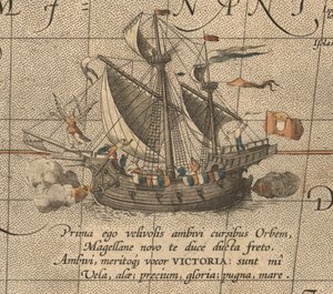 O Victoria, uma carraca espanhola, navio de Ferdinand Magellans Armada de Molucca. Aus Maris Pacific de Abraham Ortelius