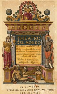 Theatrum orbis terrarum, de Abraham Ortelius (1527-1598), página de título da edição italiana traduzida por Filippo Pigafetta, Antuérpia, Giovani Battista Urintio edition de Abraham Ortelius