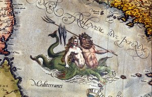 Tritão e Sirene no Mar Mediterrâneo. "Theatrum Orbis Terrarum" de Abrahm Ortelius, Antuérpia, 1584. de Abraham Ortelius
