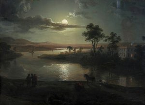 Cena nocturna com lua cheia e pessoas