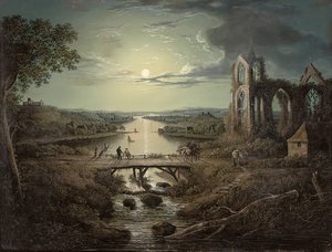 Vista ao luar do rio Tweed com abadia de Melrose em primeiro plano e figuras em uma ponte