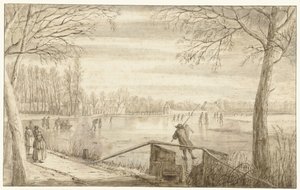 Patinadores no rio Vecht, perto de Maarssen, com as propriedades de Daelwijck e Vechthoven na Distância de Abraham Rutgers