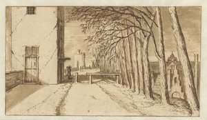 Vista ao longo da Muralha da Cidade de Utrecht, do sul, com a Smeetoren (‘Torre dos Ferreiros’) à esquerda e o Mariakerk à distância à direita de Abraham Rutgers
