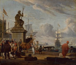 Um porto mediterrâneo de Capriccio com figuras e comerciantes elegantes de Abraham Storck