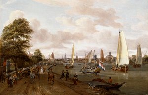 Uma vista panorâmica de Amsterdã com uma barcaça e pequenas embarcações no Buiten-Amstel, de Abraham Storck