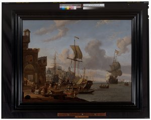 Uma cena de capricho de um porto mediterrânico com mercadores e outras figuras no cais de Abraham Storck