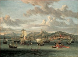 Transporte holandês ao largo da Baía de Esmirna com uma barcaça estadual de Abraham Storck