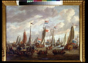 O czar Pedro I visitando a Inglaterra em janeiro de 1698 (o czar Pedro I visitando a Inglaterra em janeiro de 1698). Pedro I da Rússia, Piotr Alekseevich Romanov ou Pedro, o Grande (1672-1725). Pintura de Abraham Storck (1635-1710). Óleo sobre tela, 48 x 6 de Abraham Storck