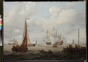 Peça do mar com um homem de guerra holandês, antes de 1708 de Abraham Storck