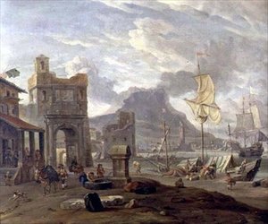 Porto Marítimo com Grandes e Pequenos Navios de Abraham Storck