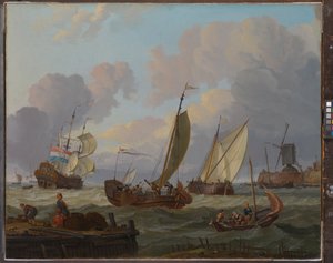 Navios que passam por um moinho de vento, c.1690 (óleo sobre tela) de Abraham Storck