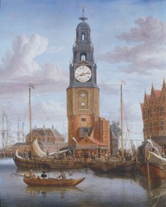 Vista da torre Haringspacker em Amsterdã, com um mostrador de relógio funcionando na pintura, 1684 (painel) de Abraham Storck