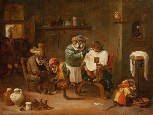A Cat in a Barber Shop dirigido por Monkeys (óleo sobre tela)