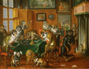Tabakskollegium von Affen -Festa de macacos fumadores ... (óleo sobre cobre)