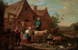 Família de camponeses com gado, ovelhas e cabras em um curral (óleo sobre tela) de Abraham Willemsens