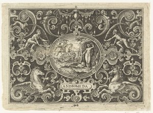 Cartouche: Perseu liberta Andrômeda Cartuchos ovais com cenas da vida de Perseu no quadro de grotescos (título da série) Andrômeda (título no objeto) de Abraham de Bruyn