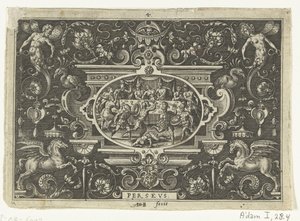 Cartouche: Phineus perturba o casamento de Perseus e Andrómeda
PERSEUS (título sobre o objecto)
Cartuchos ovais com cenas da vida de Perseu emolduradas por grotescos (título da série) de Abraham de Bruyn