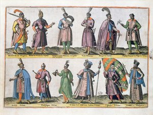 Roupa militar húngara e polonesa durante o século XVI, de "Figurinos de diferentes nações da Europa, Ásia, África e América", publicada em Antuérpia em 1581