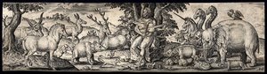 Orfeu sentado numa pedra, segurando um instrumento de cordas e encantando os animais com música. Gravura de A. de Bruyn. de Abraham de Bruyn
