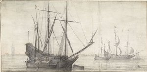 Navios à vela em águas paradas perto da costa de Abraham de Verwer (possibly)
