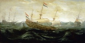 Um navio holandês a navegar num mar muito turbulento, viajando com velas reduzidas, em que o vento se precipita. Óleo sobre cobre, cerca de 1625, de Abraham de Verwer (cerca de 1585-1650). de Abraham de Verwer