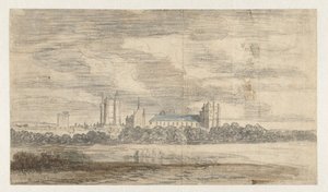 Vista do castelo de Vincennes, atrás de uma fileira de árvores