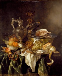 Natureza morta com uma jarra de vinho de prata e um retrato refletido do artista, c1657