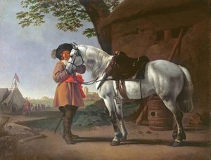 Um Cavalier com um cavalo cinza