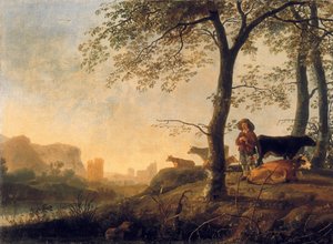 Noite paisagem do rio com um vaqueiro e vacas na beira de um bosque, uma ponte e ruínas além