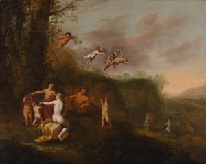Baco e Ninfas em uma Paisagem, provavelmente na década de 1640. de Abraham van Cuylenborch
